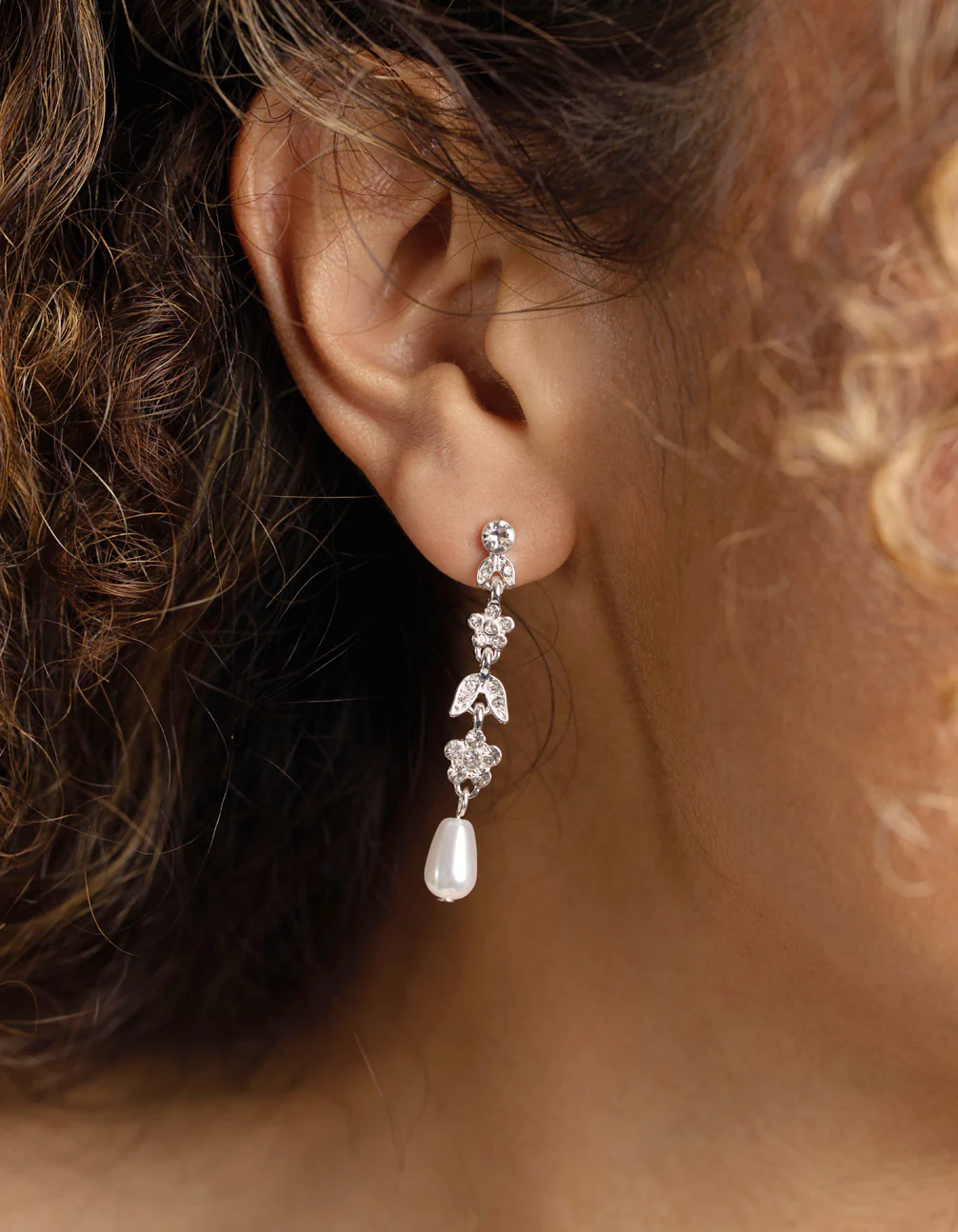 Silver Floral Pearl Drop Earrings - Image 2