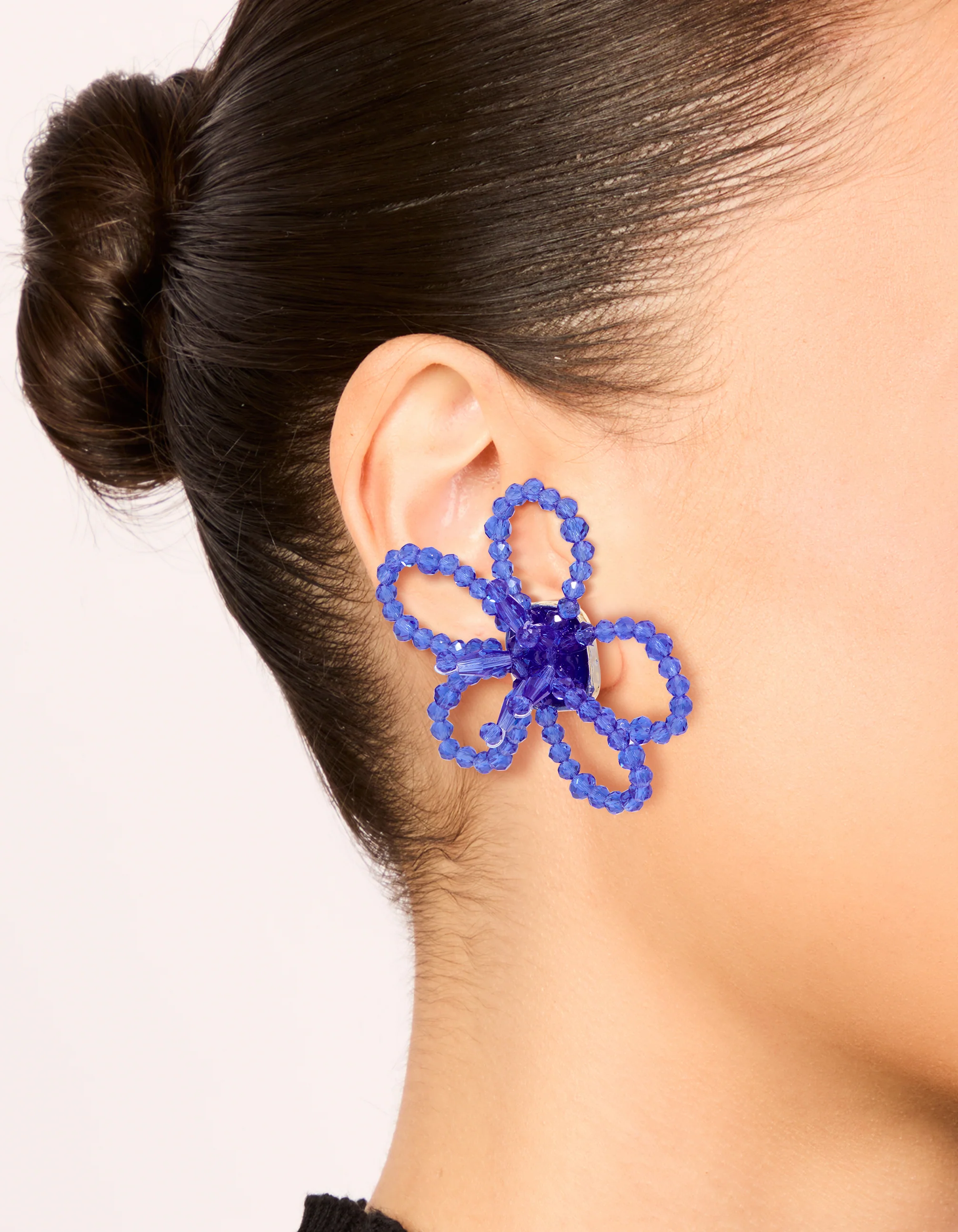 Dark Blue Beaded Flower Outline Stud Earrings