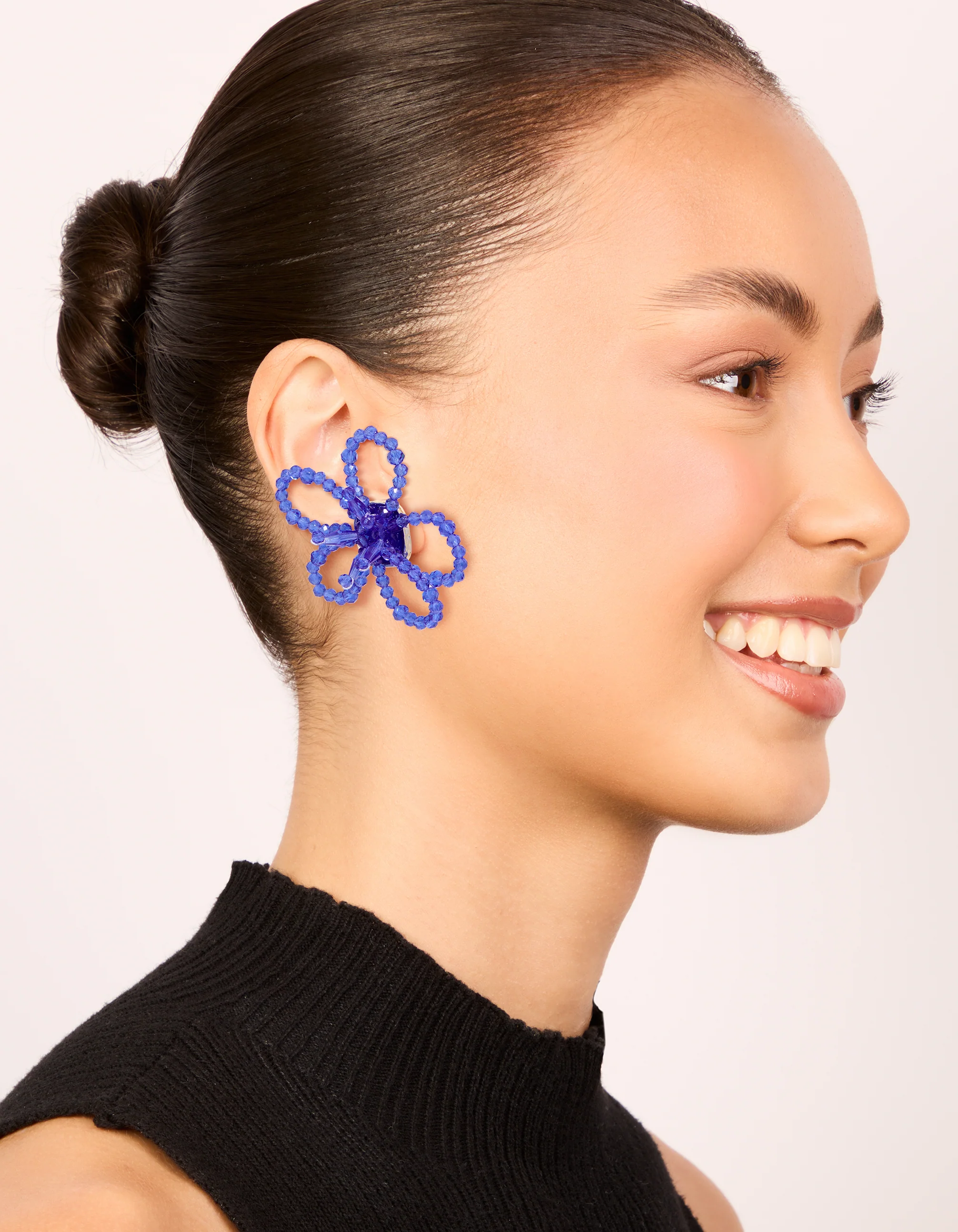 Dark Blue Beaded Flower Outline Stud Earrings - Image 3