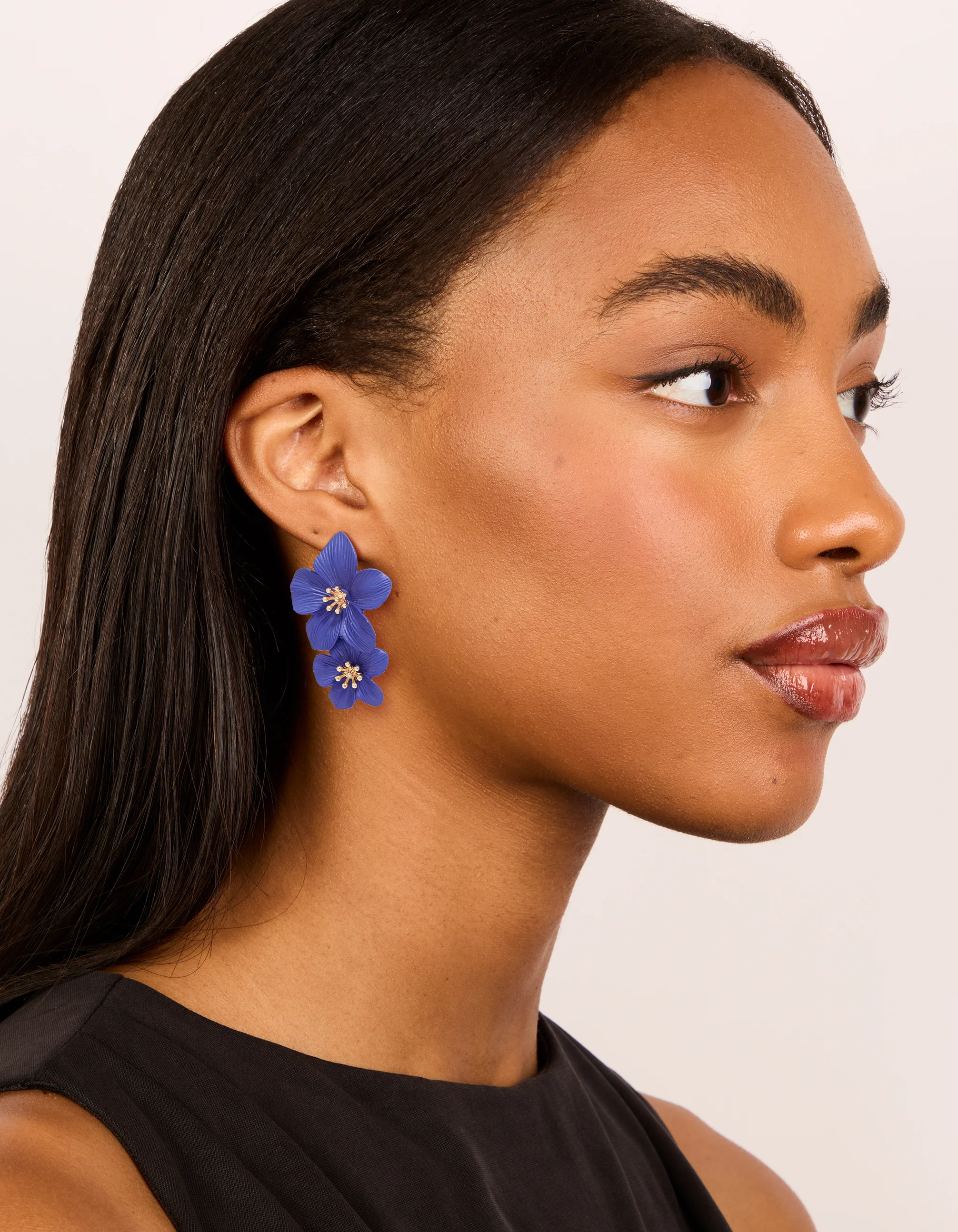 Dark Blue Double Layered Flower Drop Earrings - Image 3