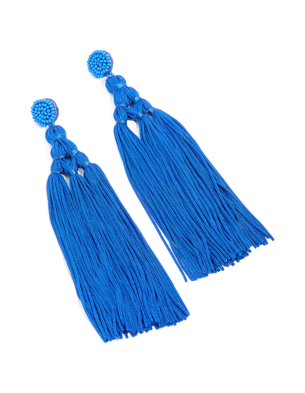 Dark Blue Fabric Fringe Long Drop Earrings - Image 2