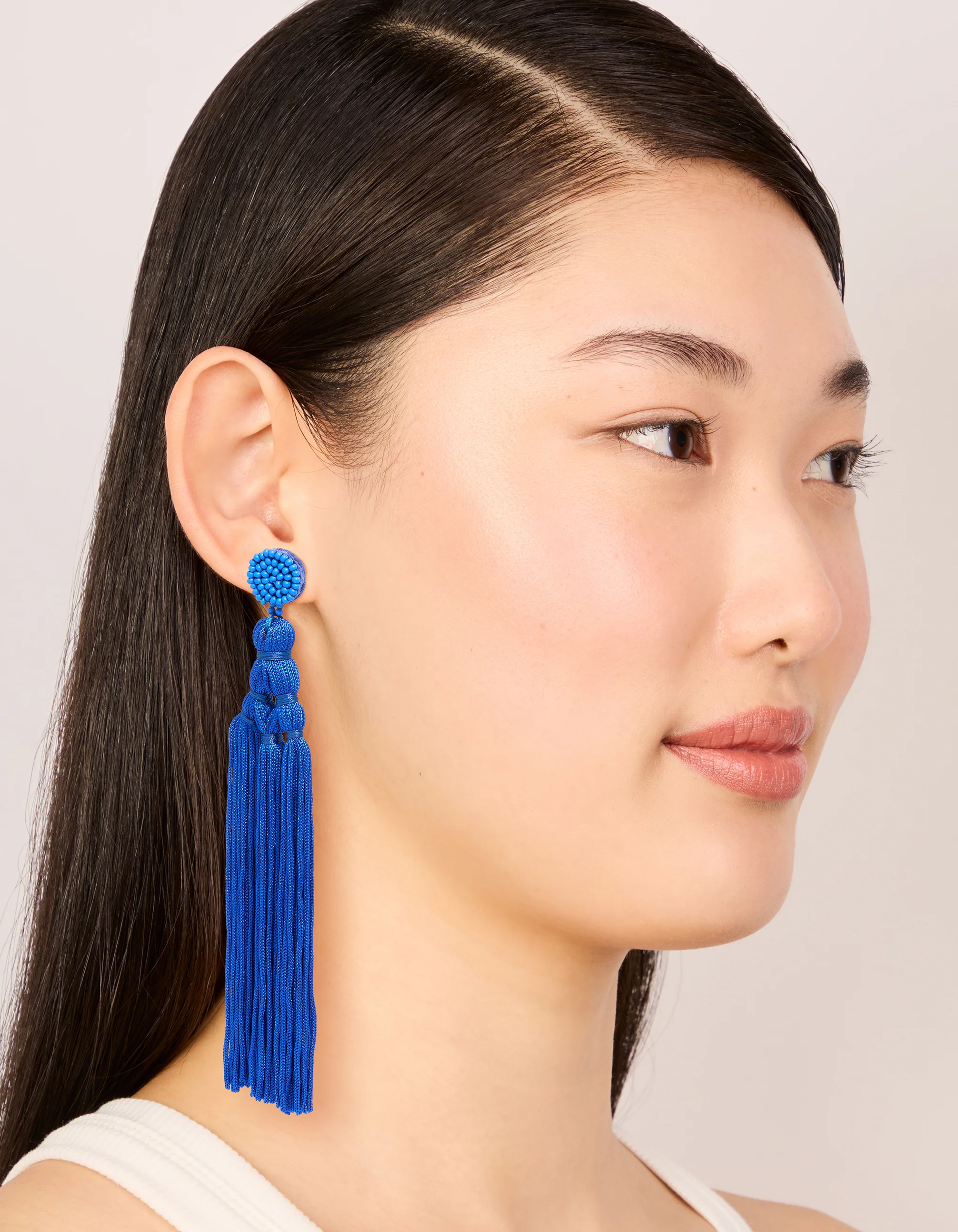 Dark Blue Fabric Fringe Long Drop Earrings - Image 3
