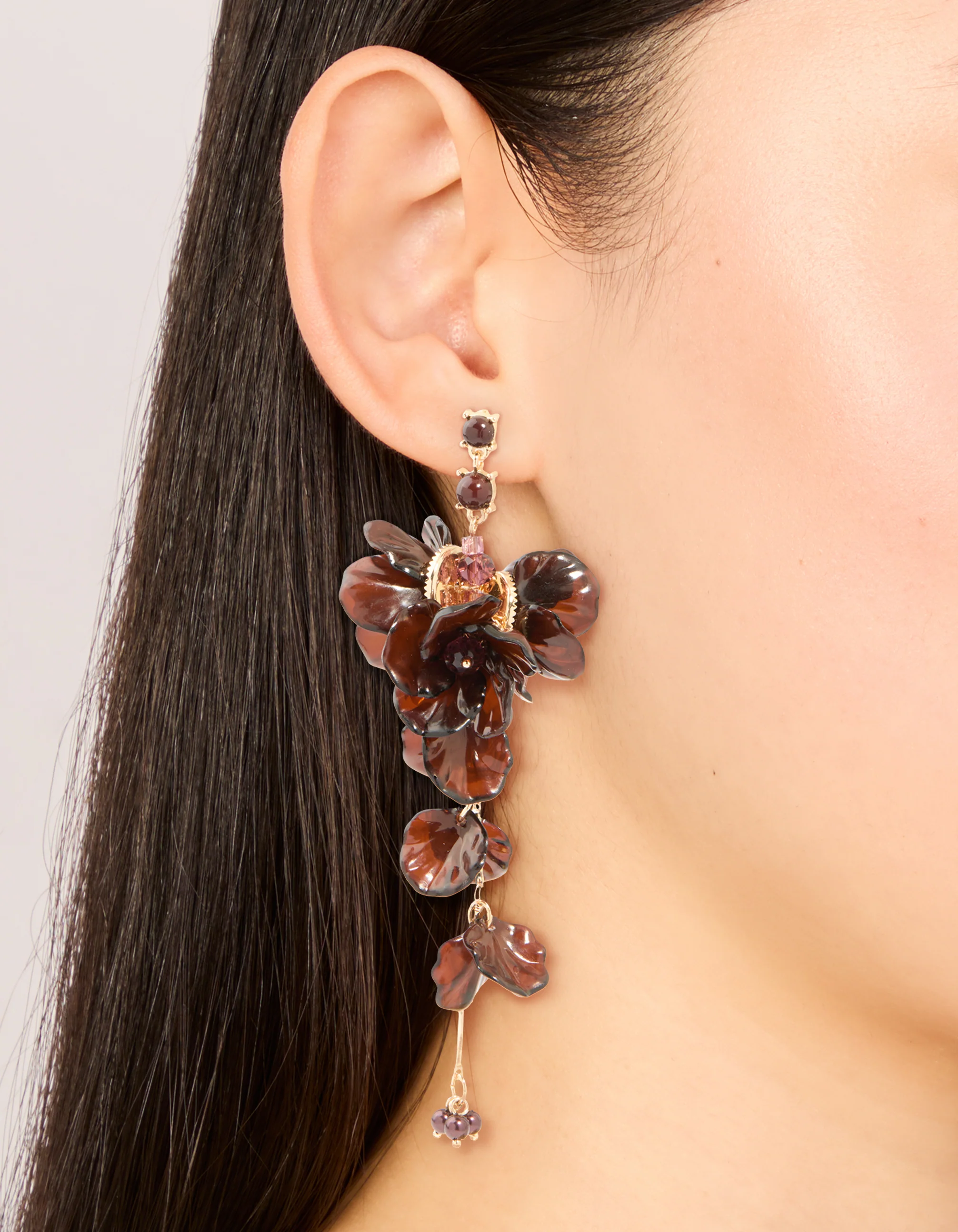 Dark Brown Acrylic Flower Petals Large Drop Earrings - Image 2