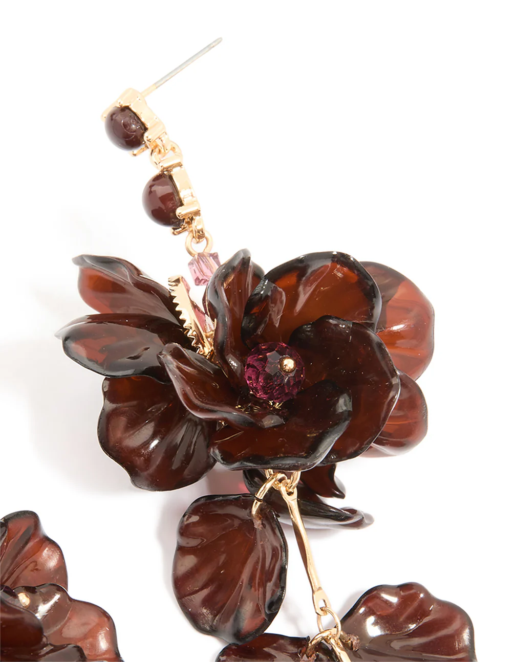 Dark Brown Acrylic Flower Petals Large Drop Earrings - Image 5
