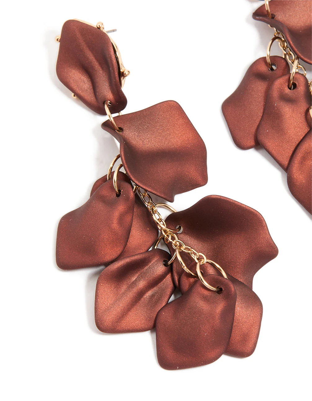 Dark Brown Coated Metal Petal Drop Earrings - Image 4