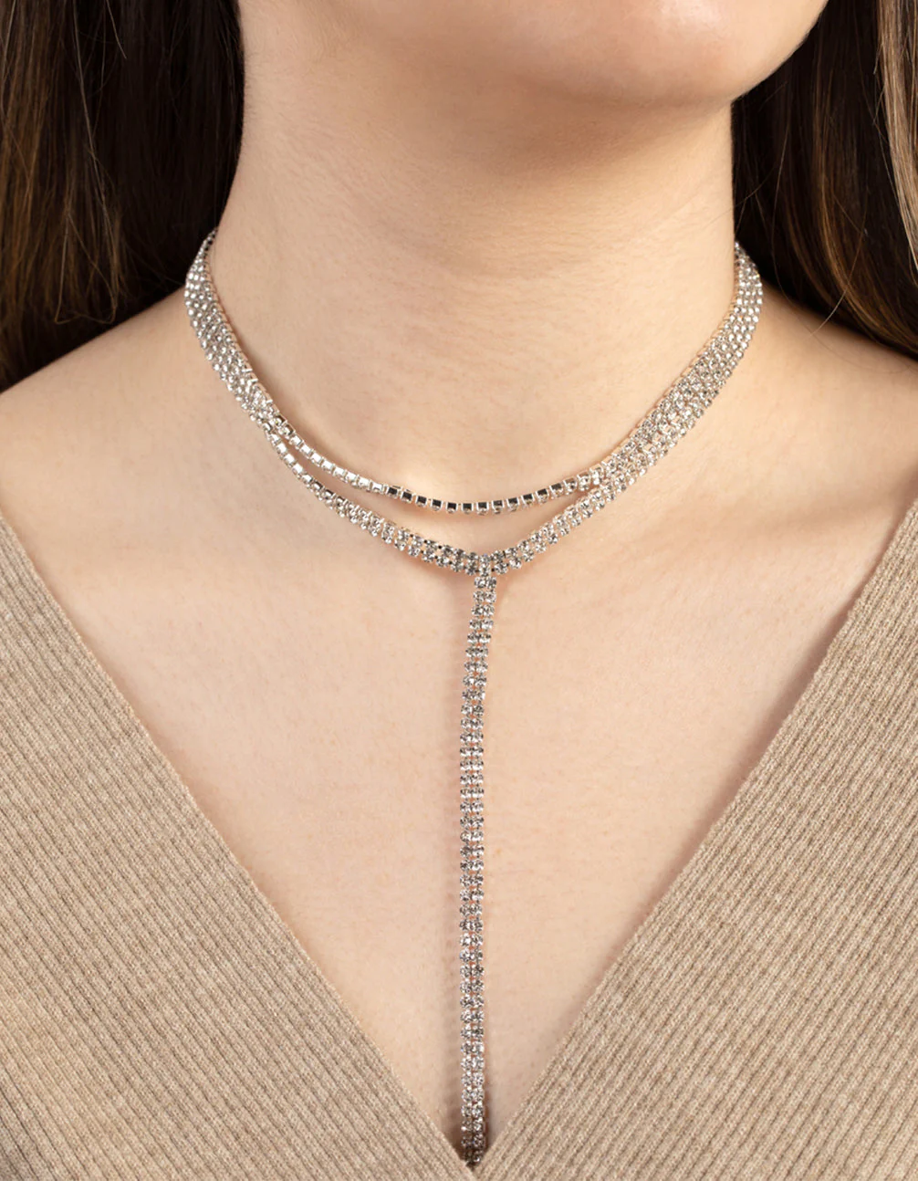 Silver Double Strand Diamante Y Neck Choker - Image 2
