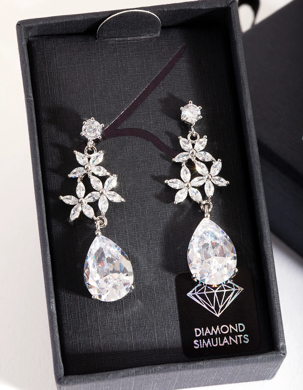 Silver Diamond Simulant Flower Teardrop Earrings - Image 2
