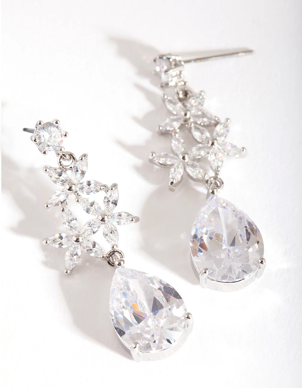 Silver Diamond Simulant Flower Teardrop Earrings - Image 3