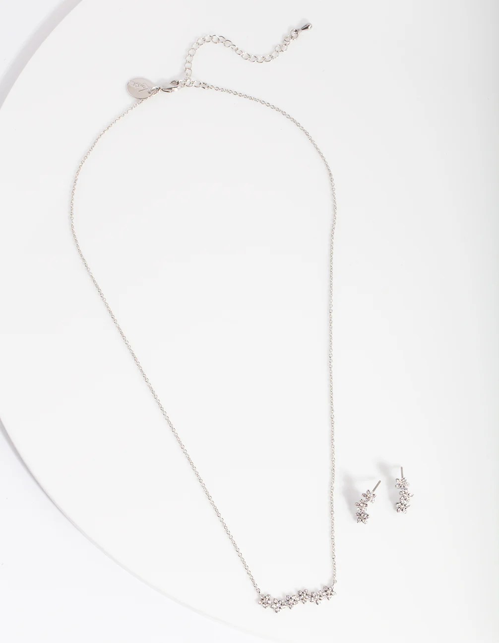 Silver Diamond Simulant Flower Cluster Necklace & Earrings Set - Image 2