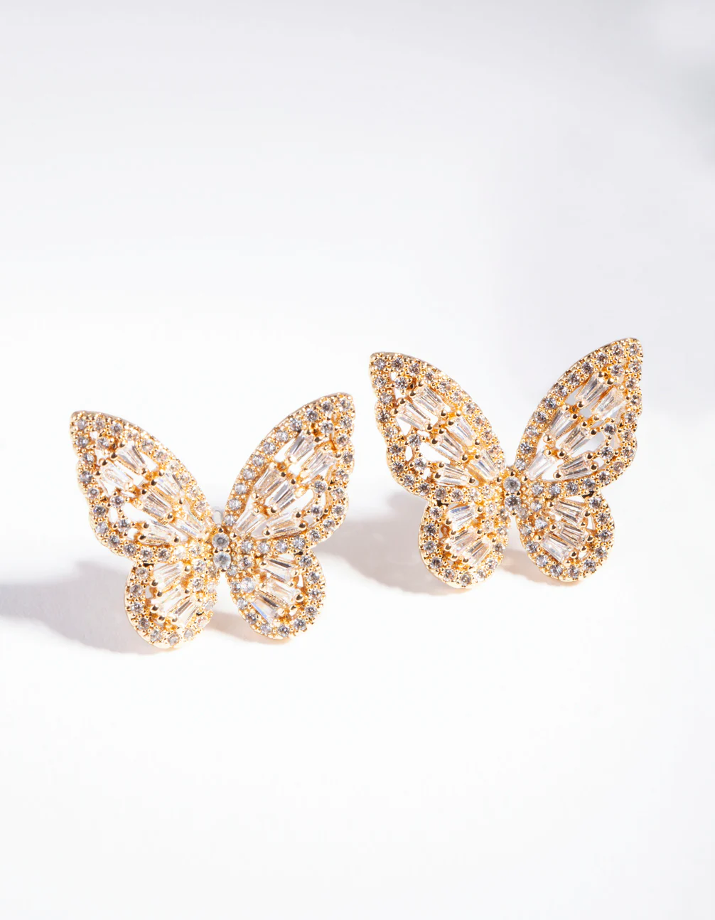 Gold Diamond Simulant Butterfly Stud Earrings - Image 2