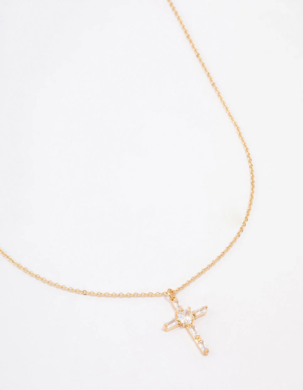 Gold Plated Cubic Zirconia Baguette Cross Short Necklace