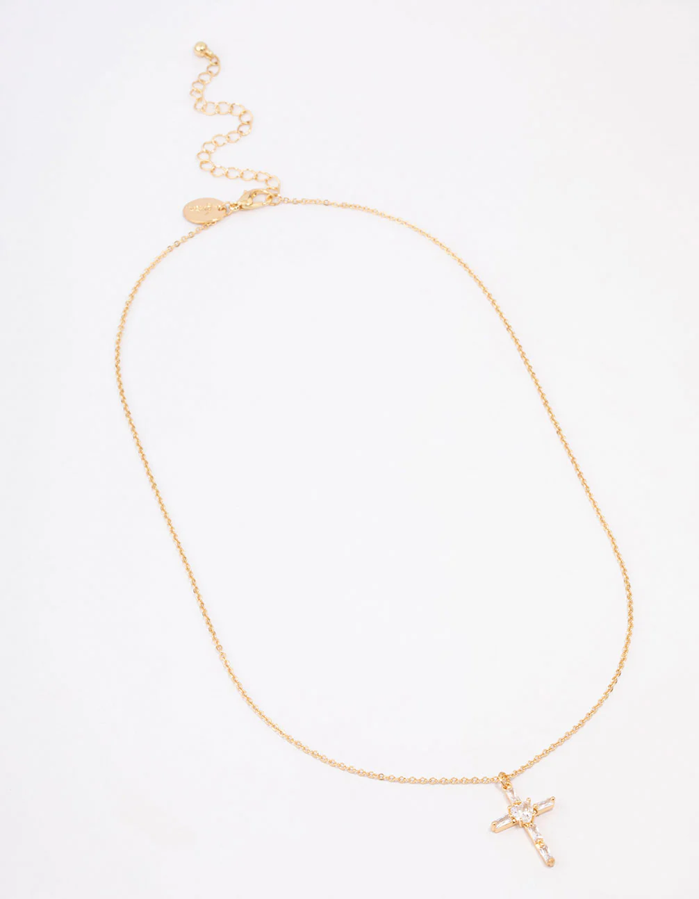 Gold Plated Cubic Zirconia Baguette Cross Short Necklace - Image 2