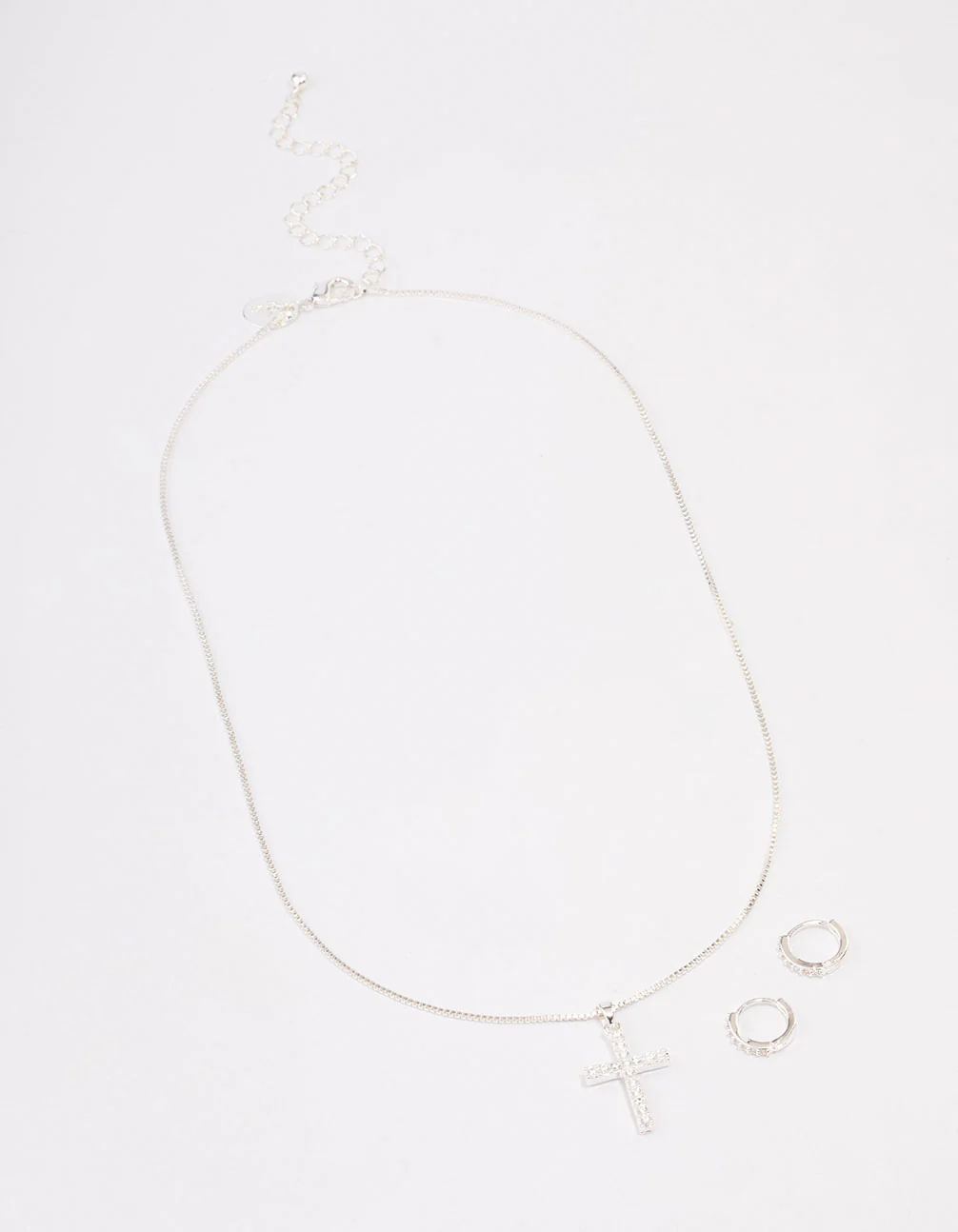 Silver Plated Diamante Cross Necklace & Huggie Earrings Jewellery Set - Image 2