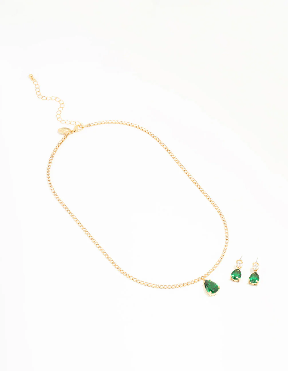 Gold Plated Emerald Diamante Tennis Necklace & Earrings Set - Image 2
