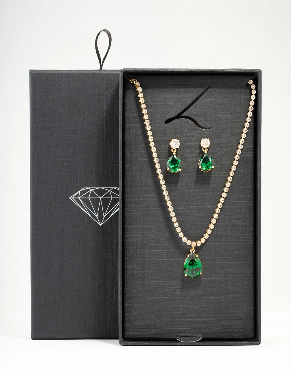 Gold Plated Emerald Diamante Tennis Necklace & Earrings Set - Image 3