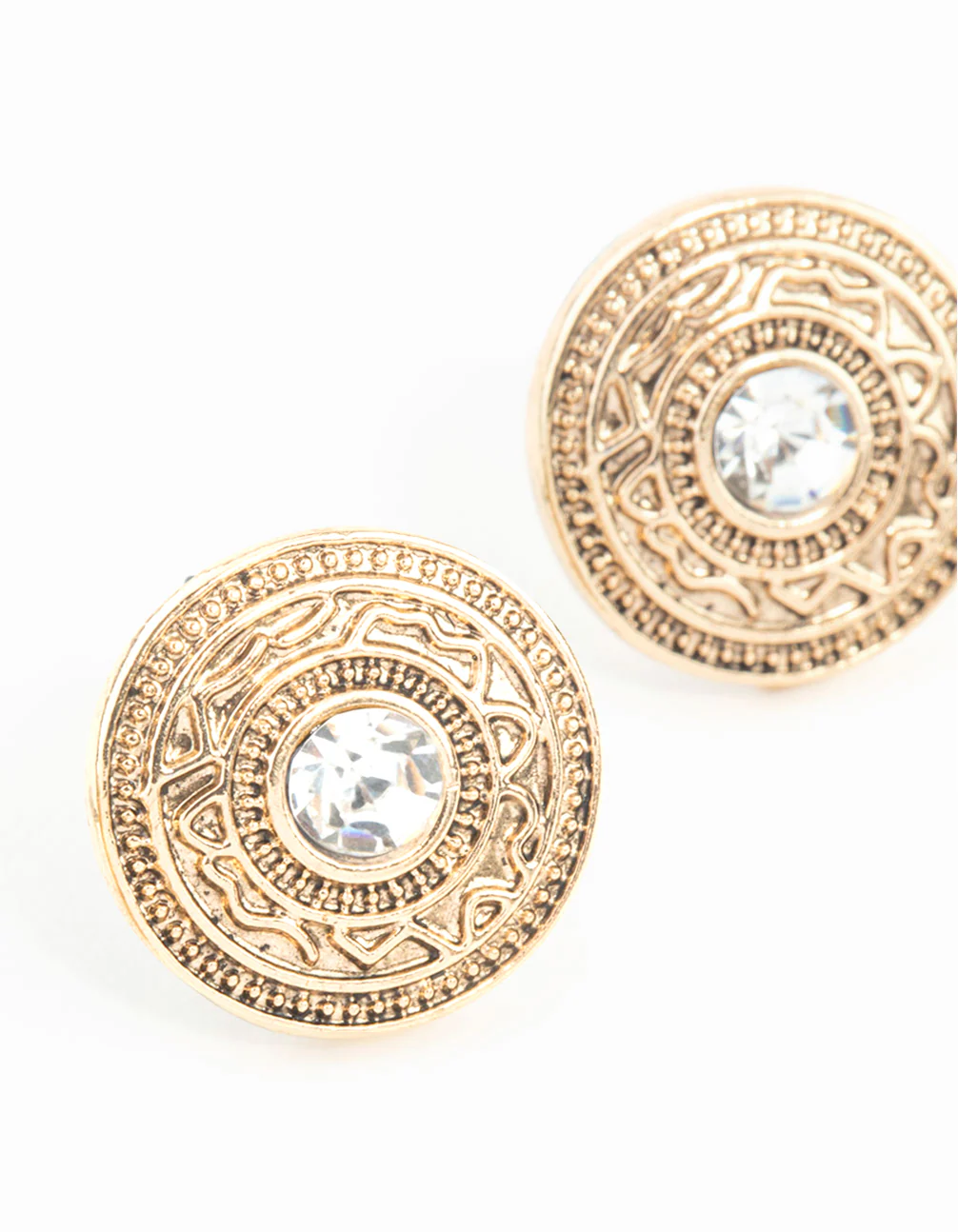 Antique Gold Diamante Stud Earrings - Image 2