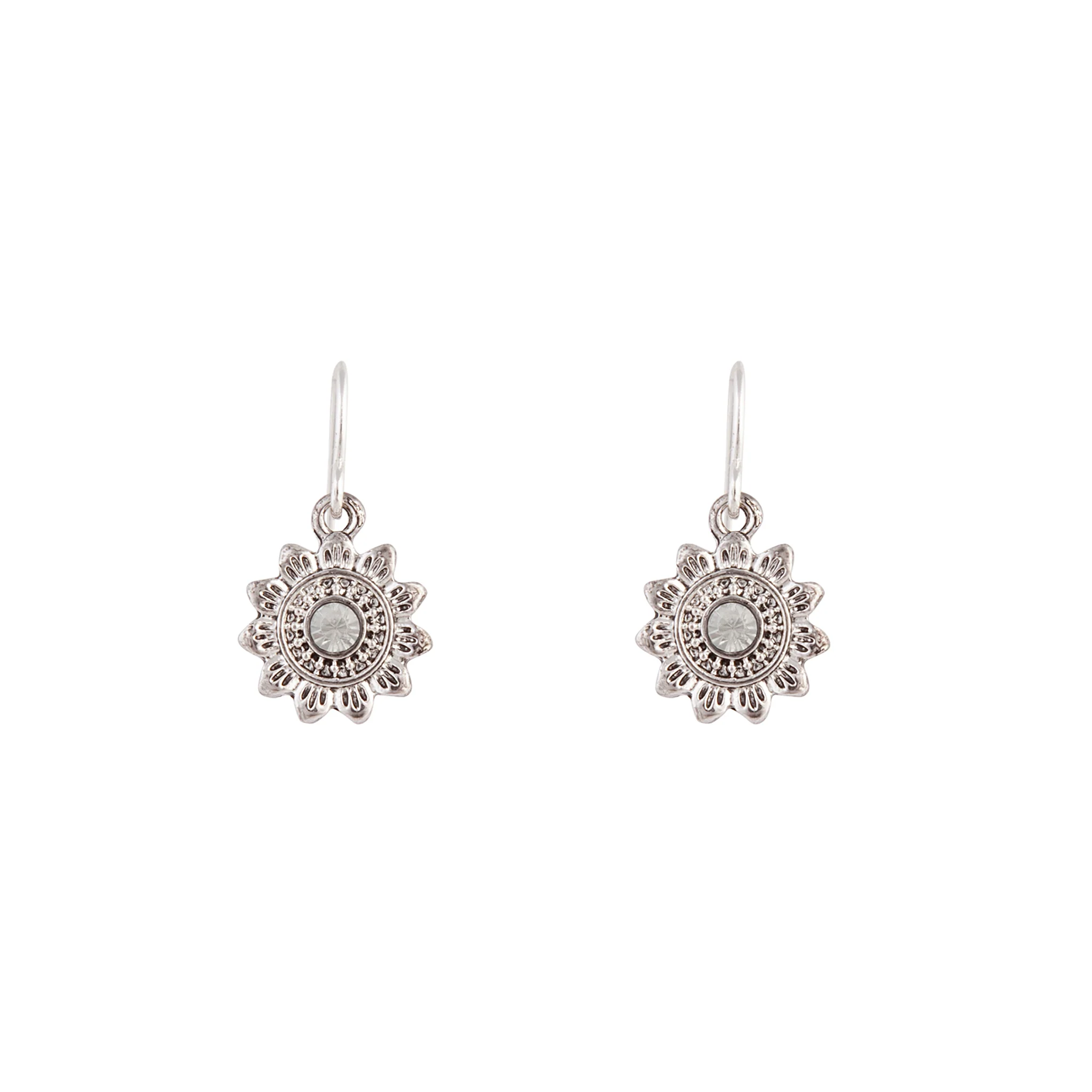 Antique Silver Sun Diamante Earrings - Image 2