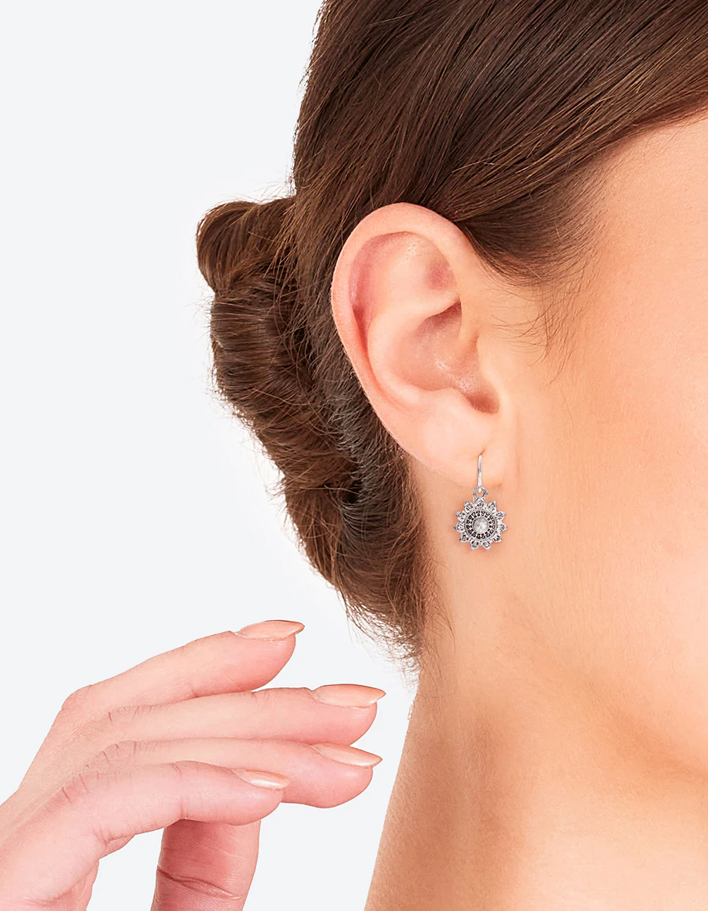Antique Silver Sun Diamante Earrings - Image 3