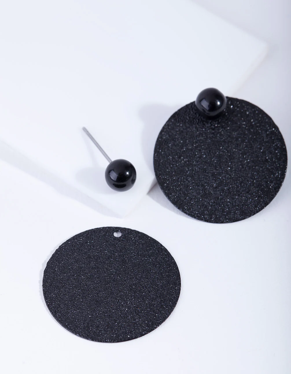 Black Textured Disc Stud Earrings - Image 3