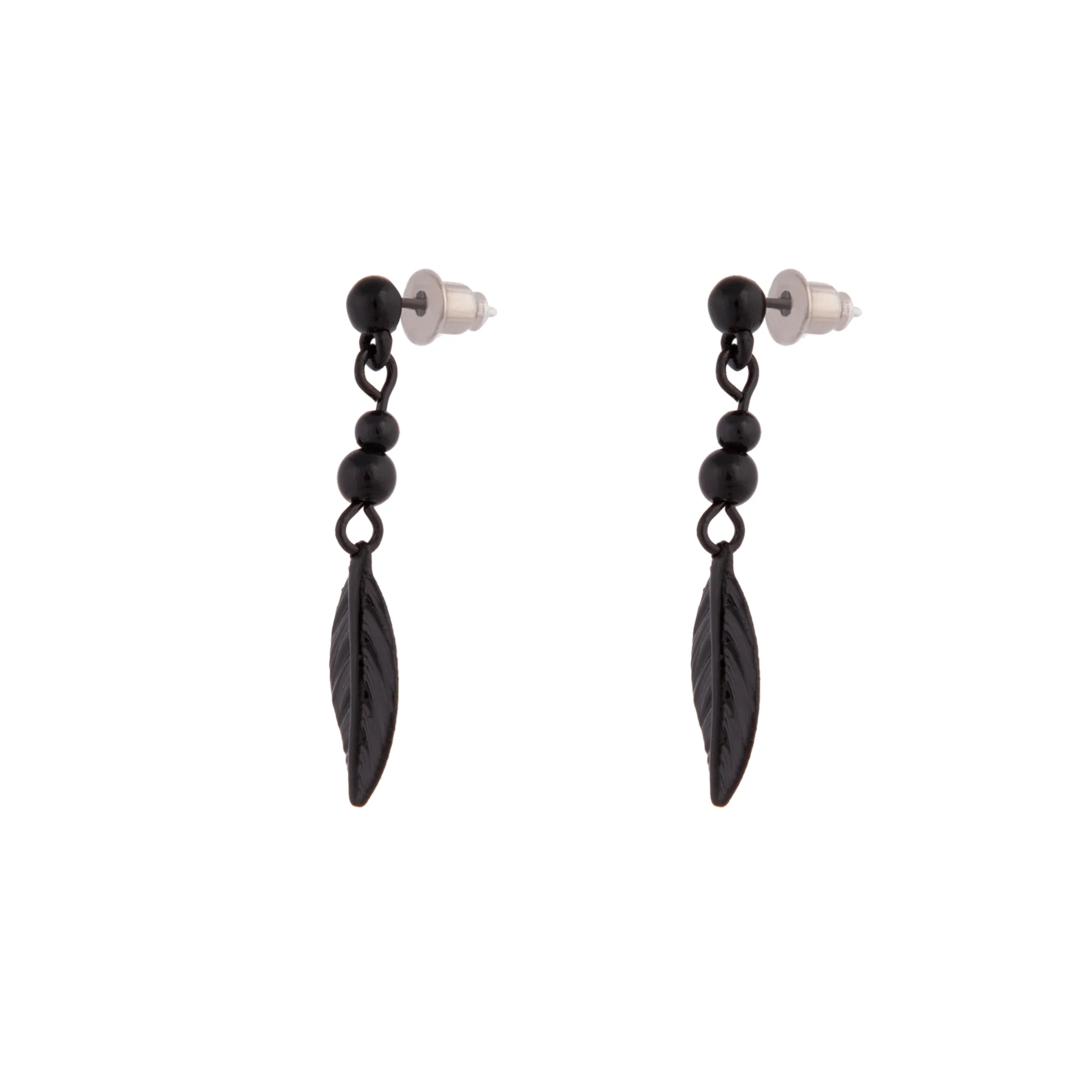 Black Metal Bead Feather Drop Earrings - Image 2