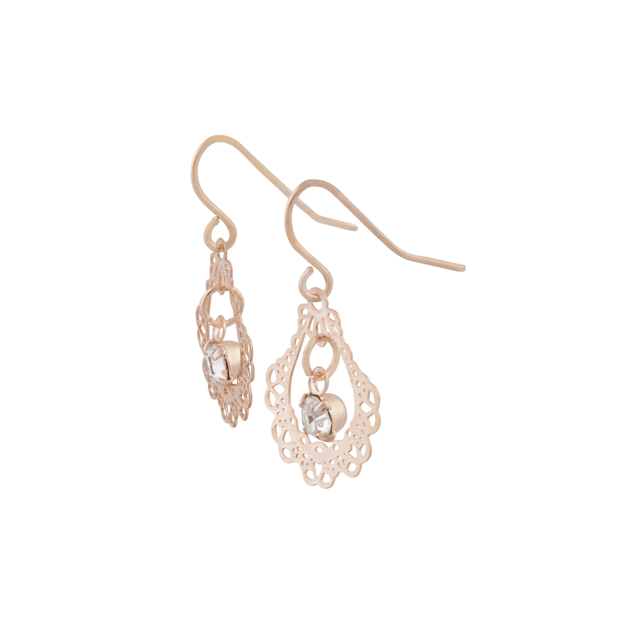 Ornate Rose Gold Drop Earrings With Centre Diamante - Image 2