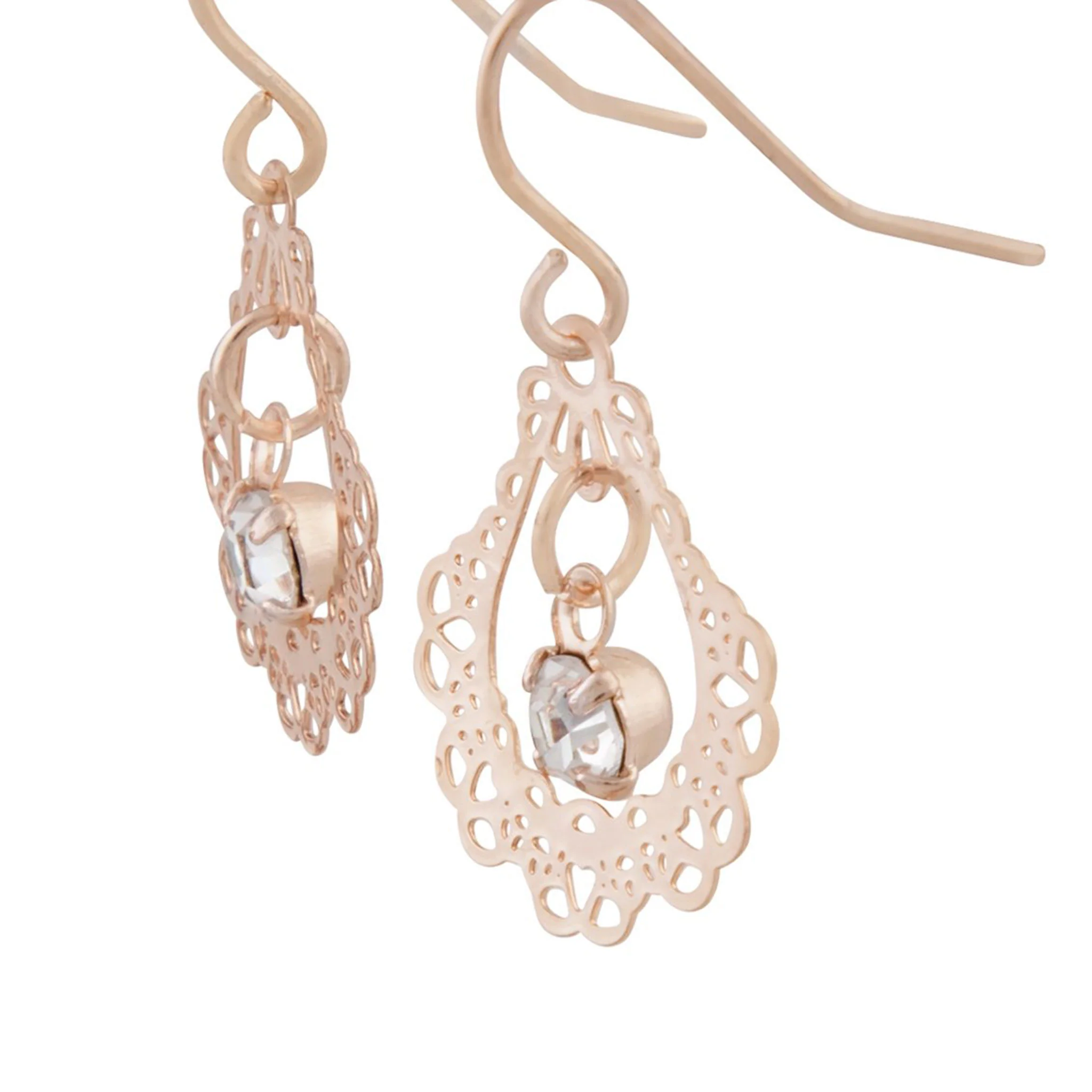 Ornate Rose Gold Drop Earrings With Centre Diamante - Image 3