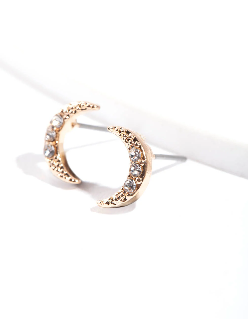 Gold Pave Diamante Crescent Moon Stud Earrings - Image 2