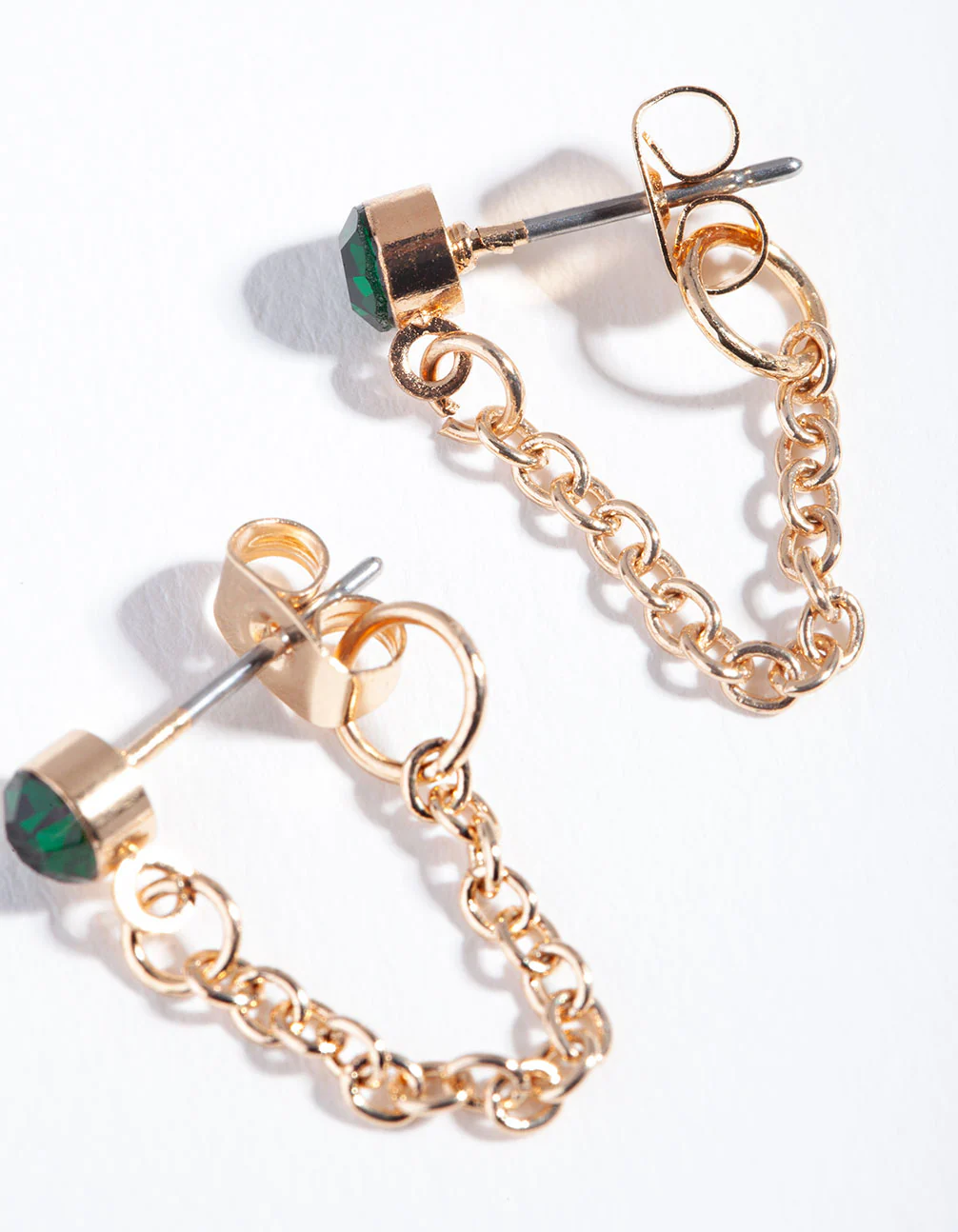 Gold Green Stone Chain Stud Earrings - Image 2