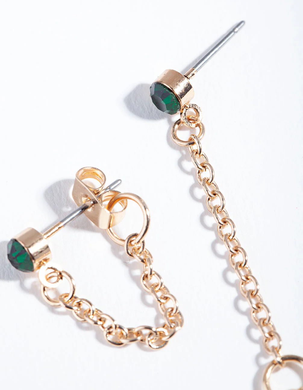 Gold Green Stone Chain Stud Earrings - Image 3