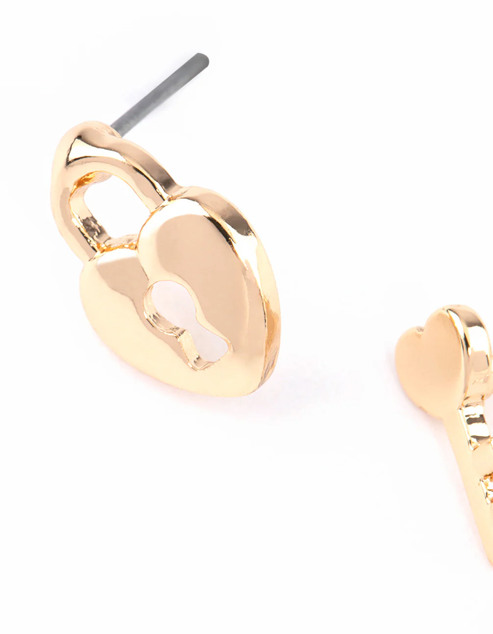 Gold Heart Lock & Key Stud Earrings - Image 2