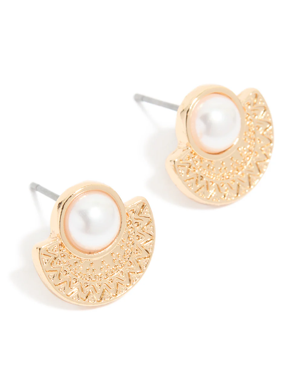 Gold Pearl Etched Stud Earrings - Image 2