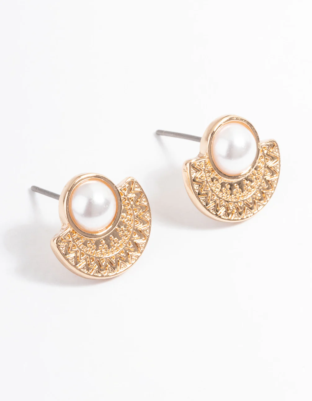 Gold Pearl Etched Stud Earrings - Image 3