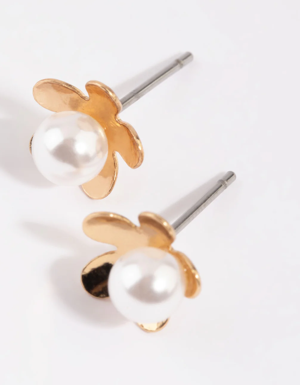 Gold Pearl & Flower Stud Earrings - Image 2