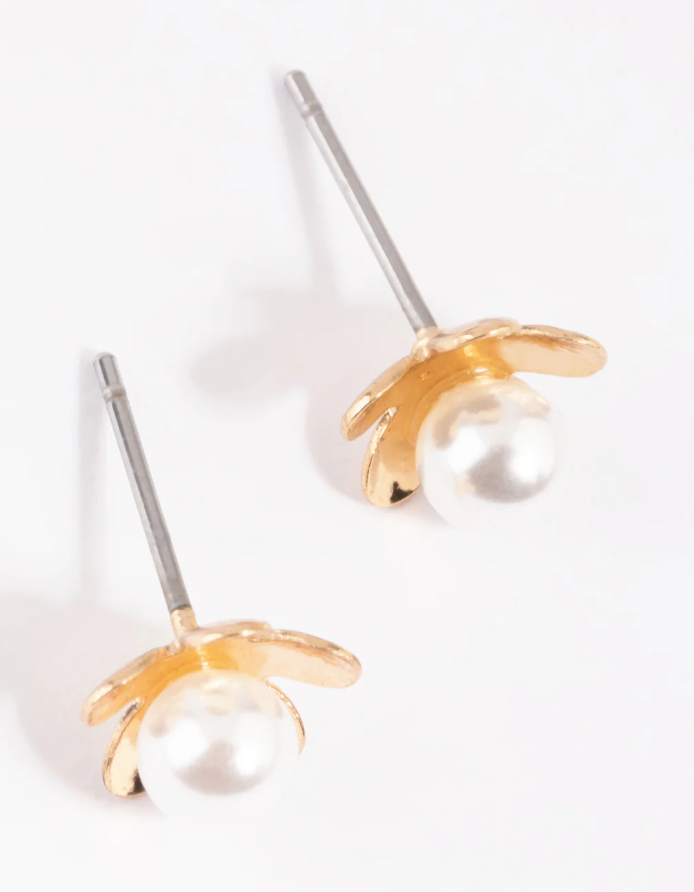 Gold Pearl & Flower Stud Earrings - Image 3