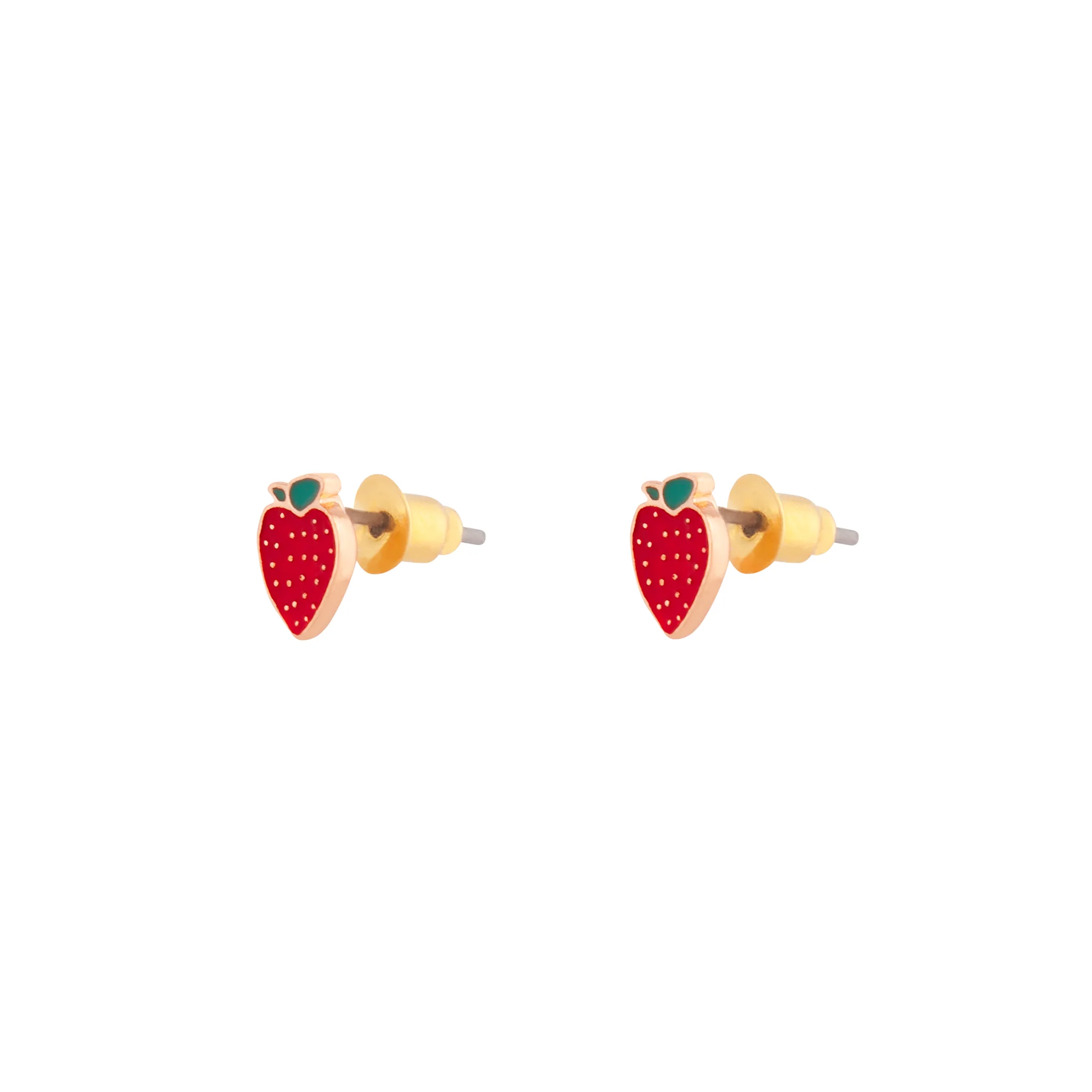 Gold Red Strawberry Stud Earrings - Image 2