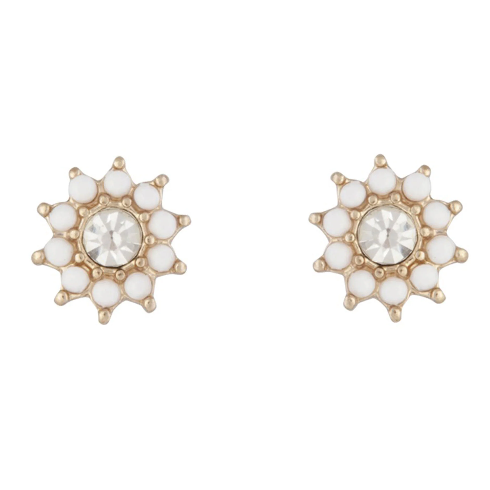 Gold White Flower Diamante Stud Earrings - Image 2