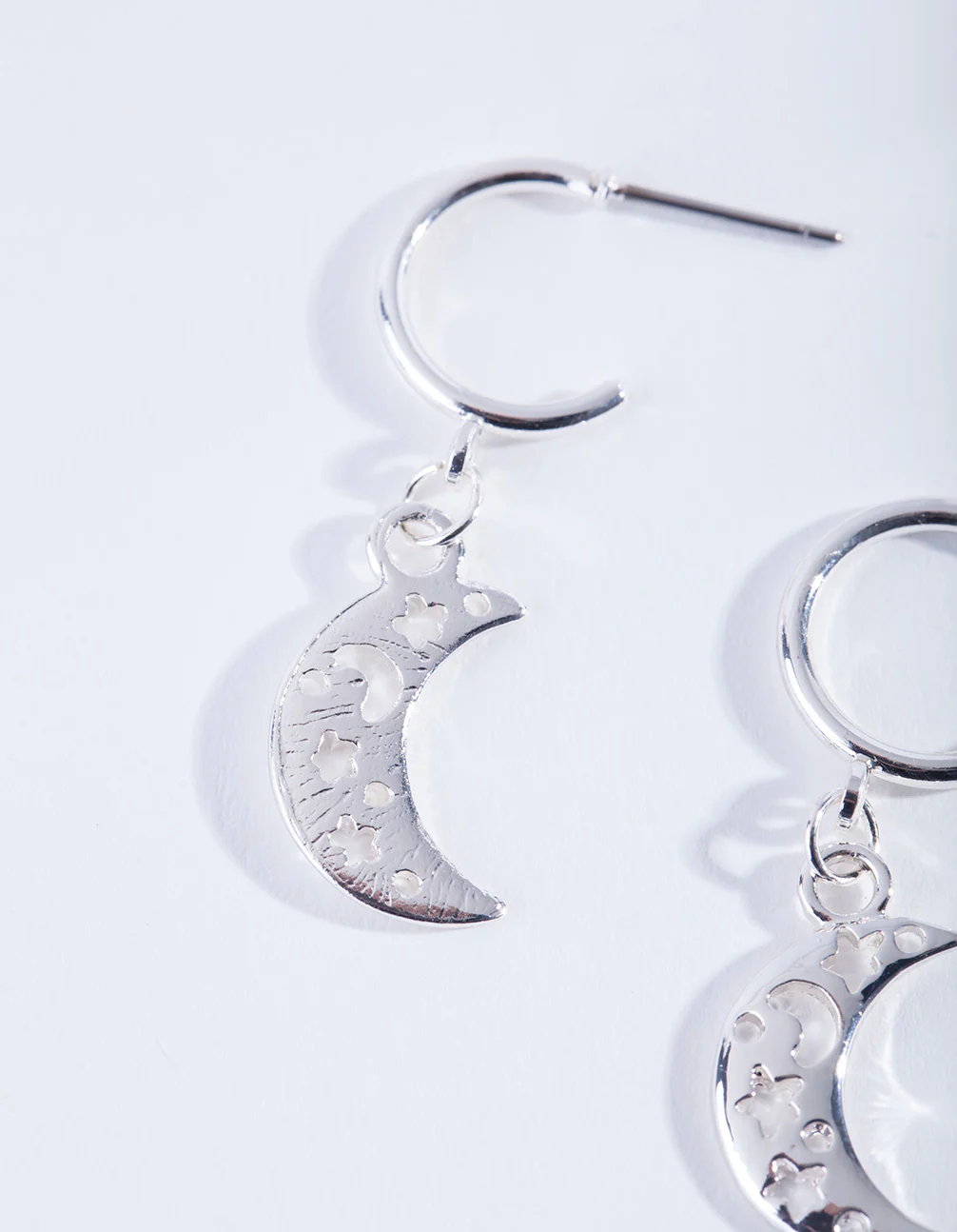Silver Cut-Out Moon Hoop Earrings - Image 2