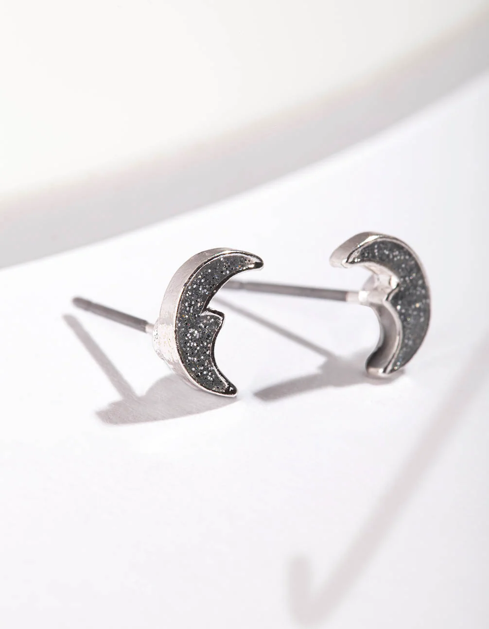 Silver Glitter Moon Stud Earrings - Image 2