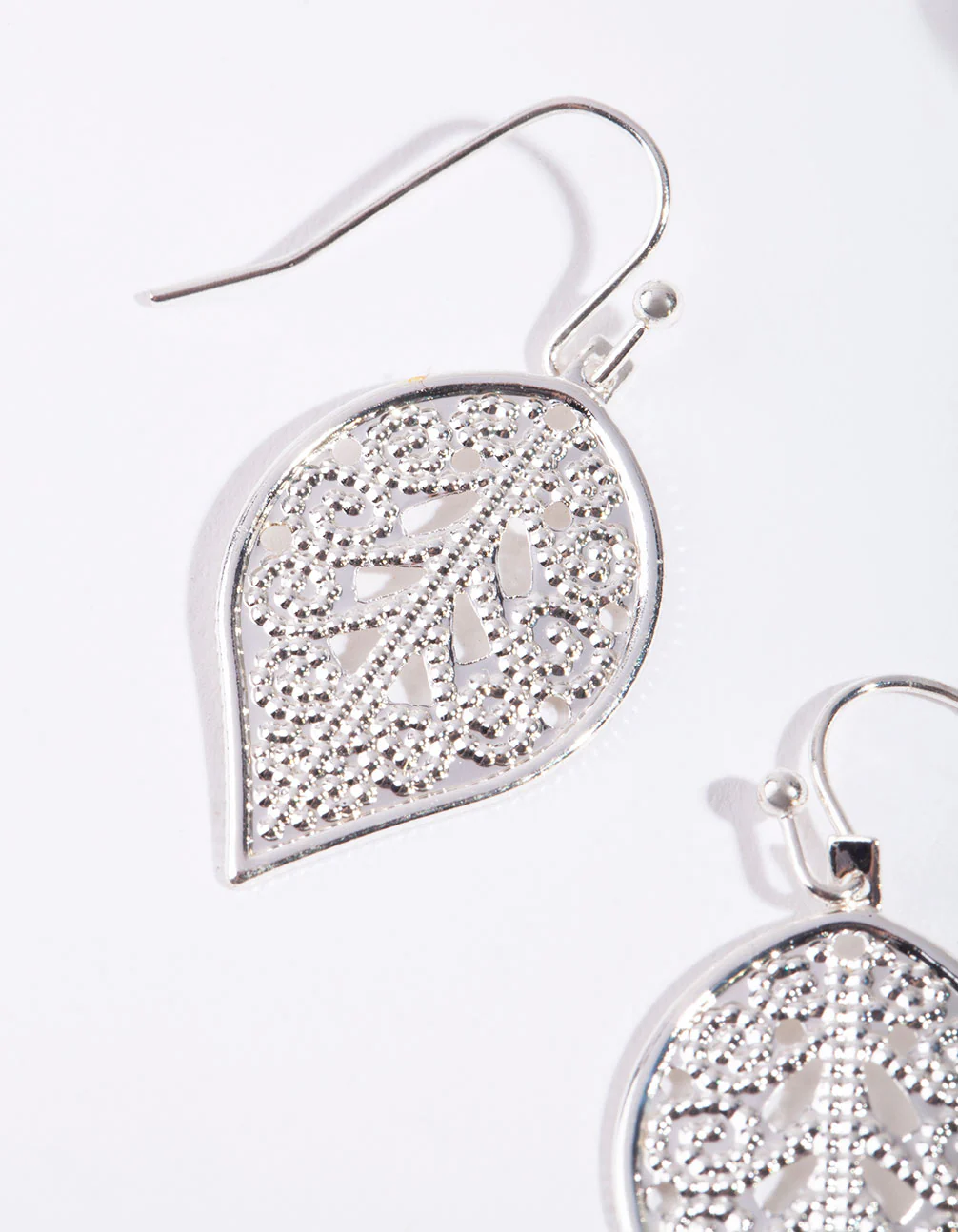Silver Filigree Leaf Detail Drop Earrings - Image 2
