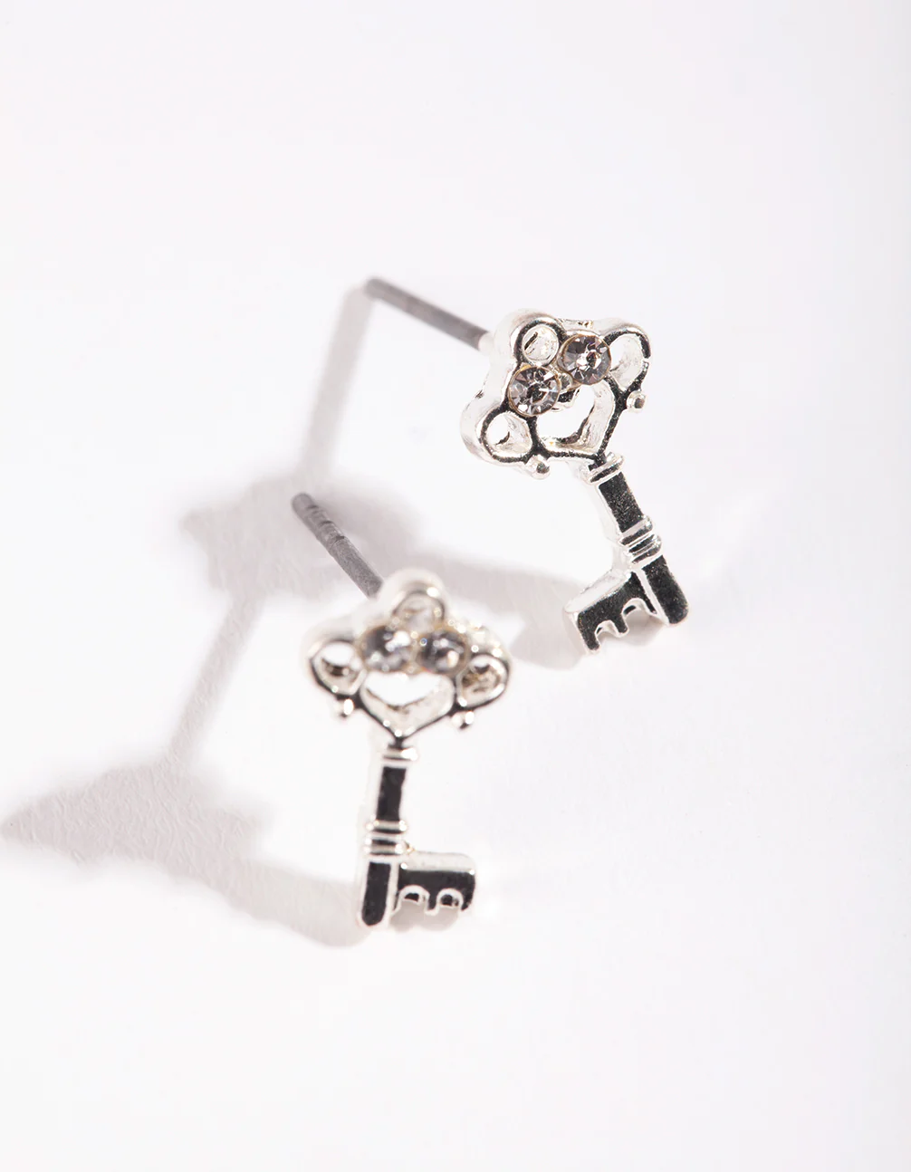 Silver Diamante Mini Key Stud Earrings - Image 2