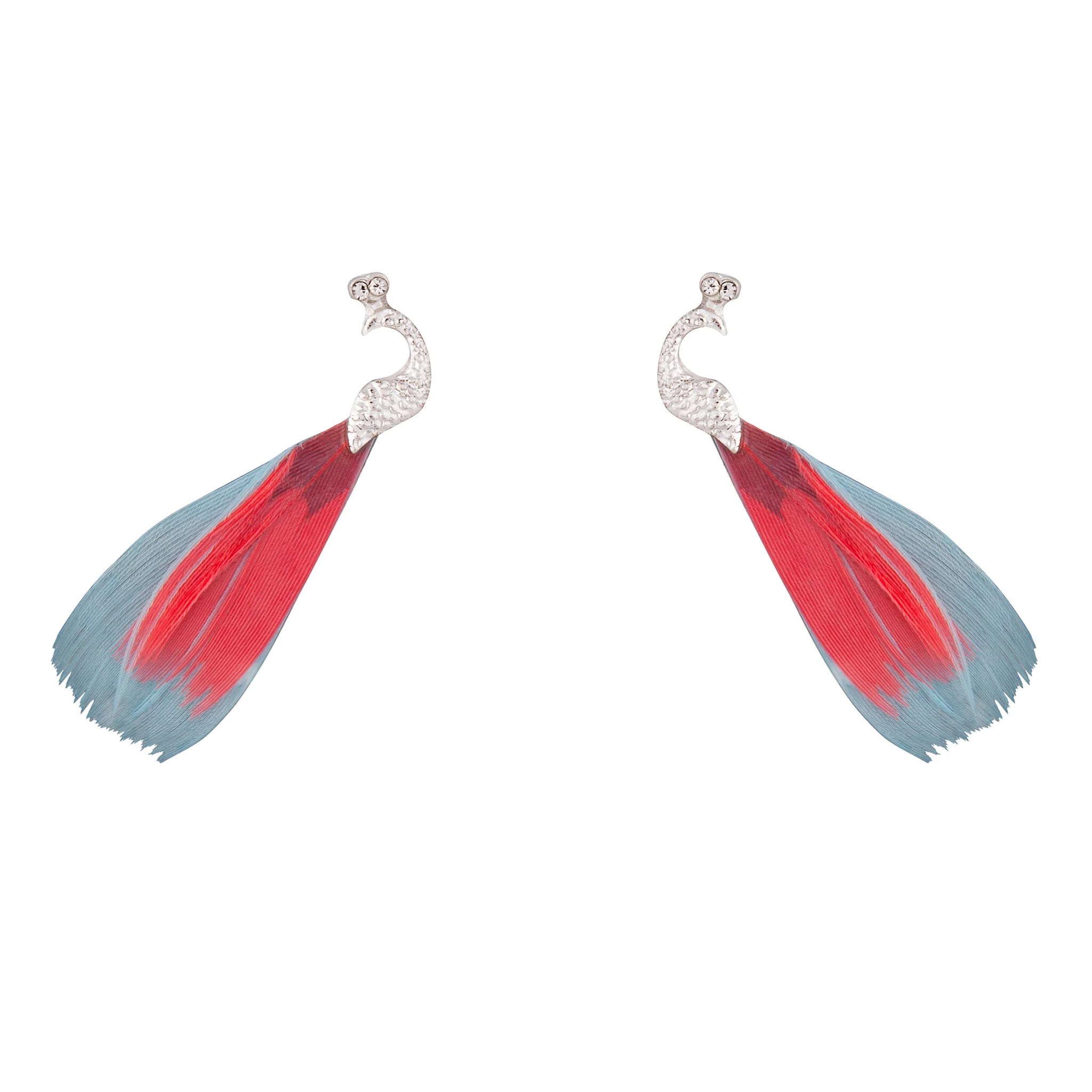 Peacock Silver Blue Pink Feather Earrings