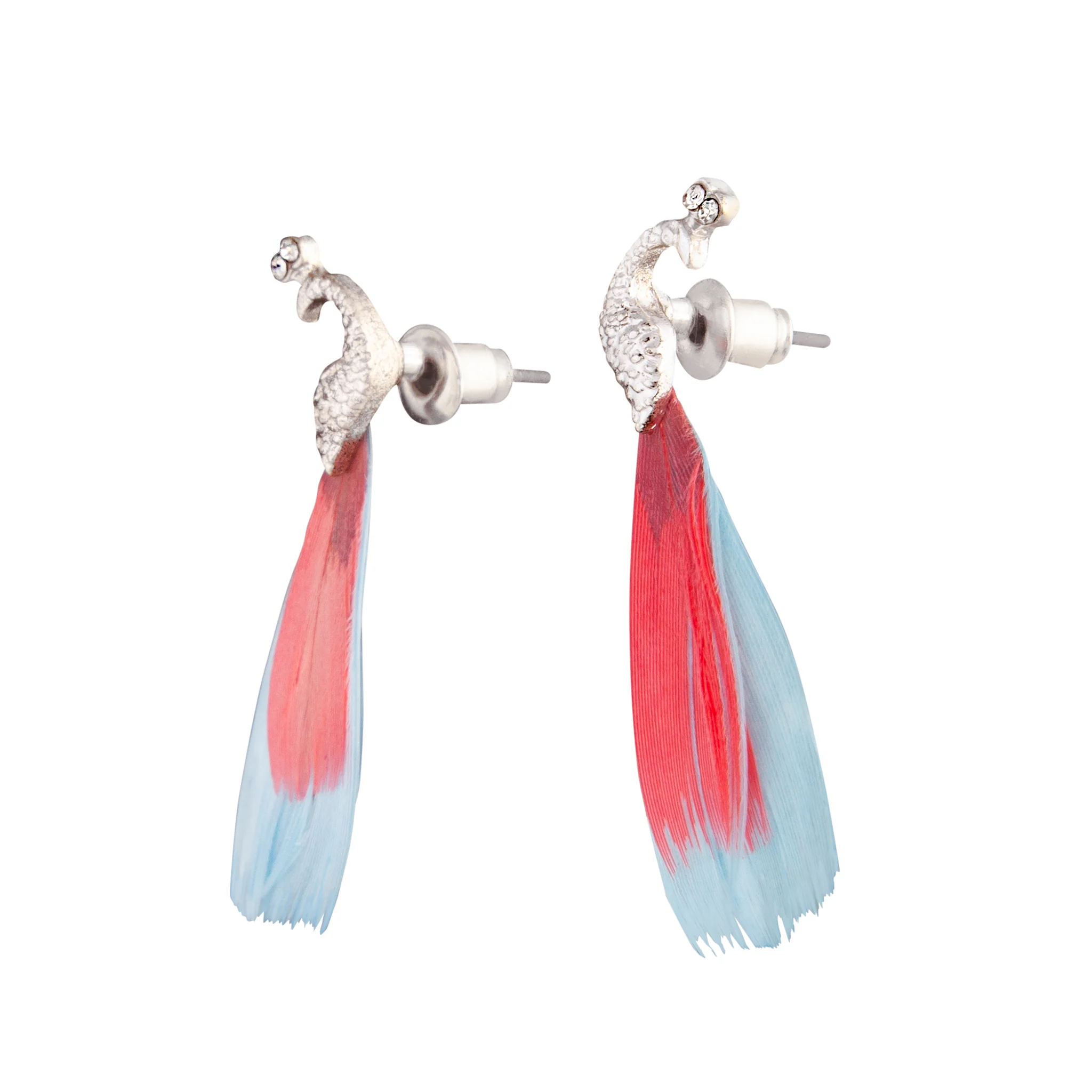 Peacock Silver Blue Pink Feather Earrings - Image 2