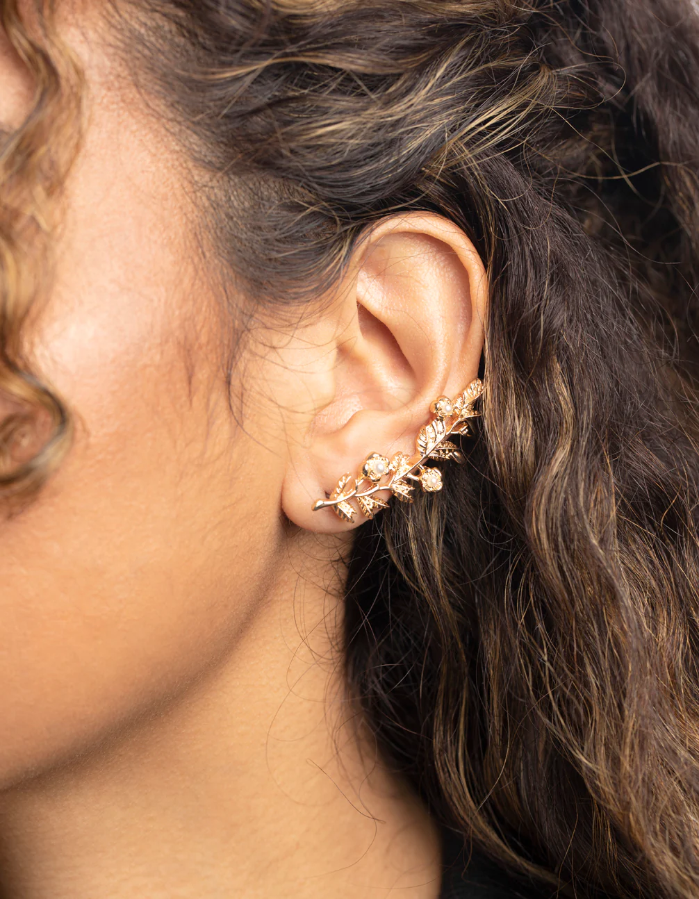 Gold Floral Branch Cuff Earrings - Image 2