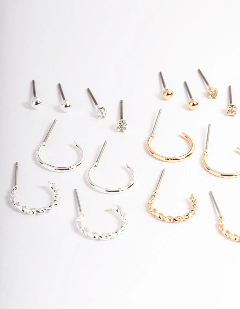 Mixed Metal Plain & Dimanate Stud & Hoop Earring 12-Pack - Image 2
