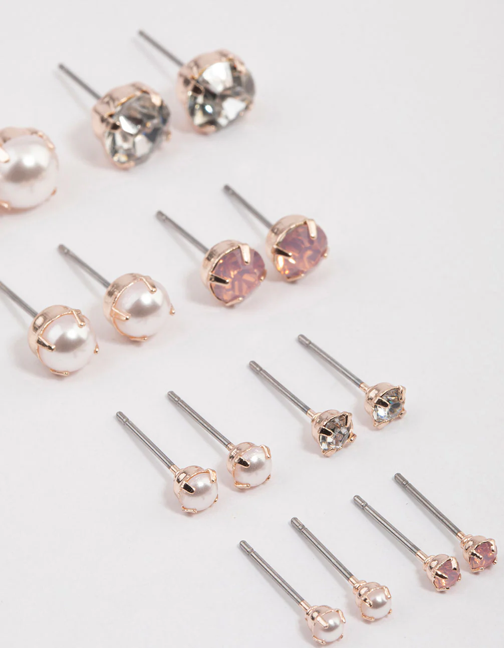 Rose Gold Pearl & Diamante Stud Earrings 8-Pack - Image 2