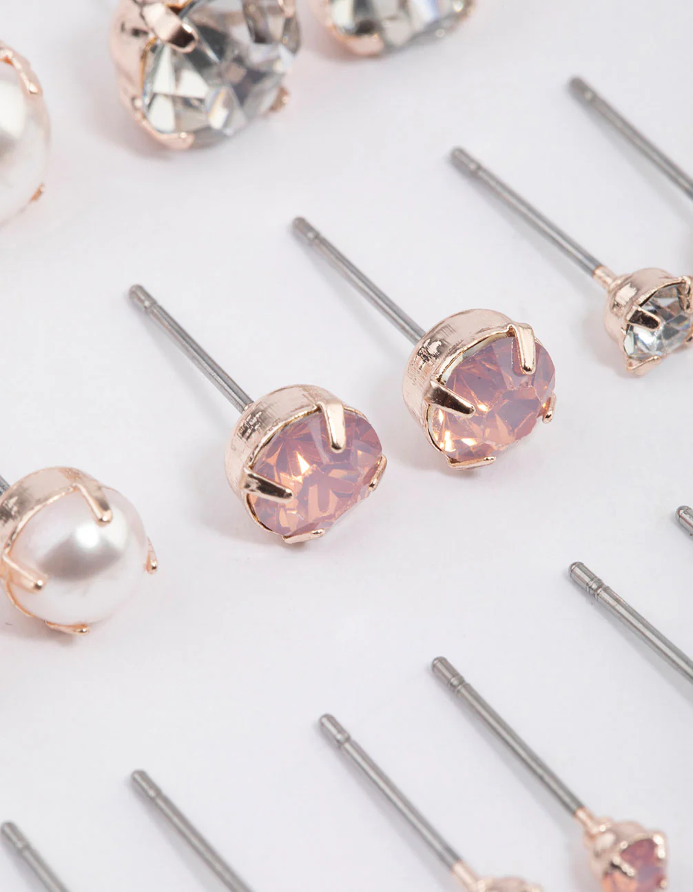 Rose Gold Pearl & Diamante Stud Earrings 8-Pack - Image 3