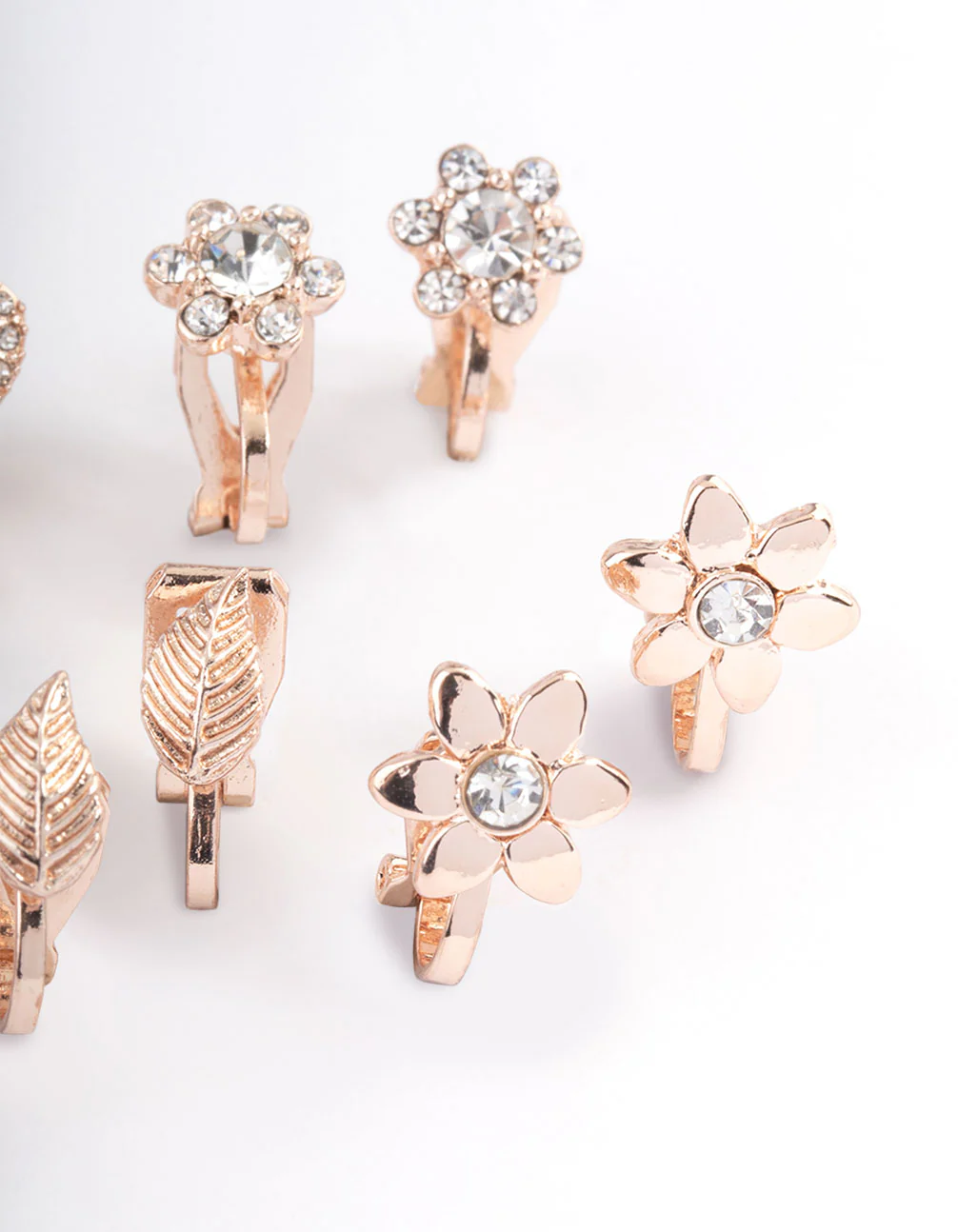 Rose Gold Pave Heart Flower Clip On Earrings 5-Pack - Image 3