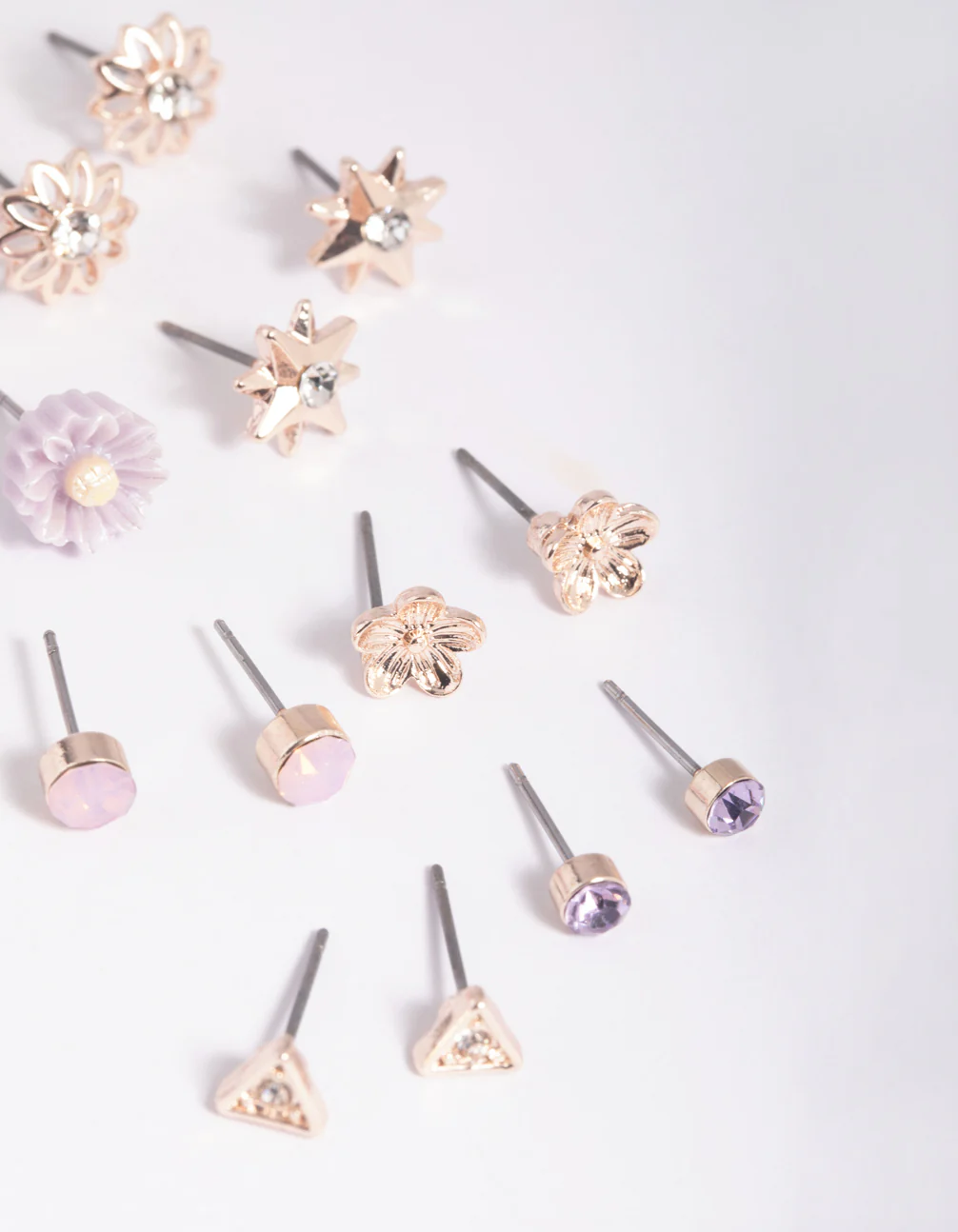 Rose Gold Triangle & Flower Stud Earring 8-Pack - Image 2