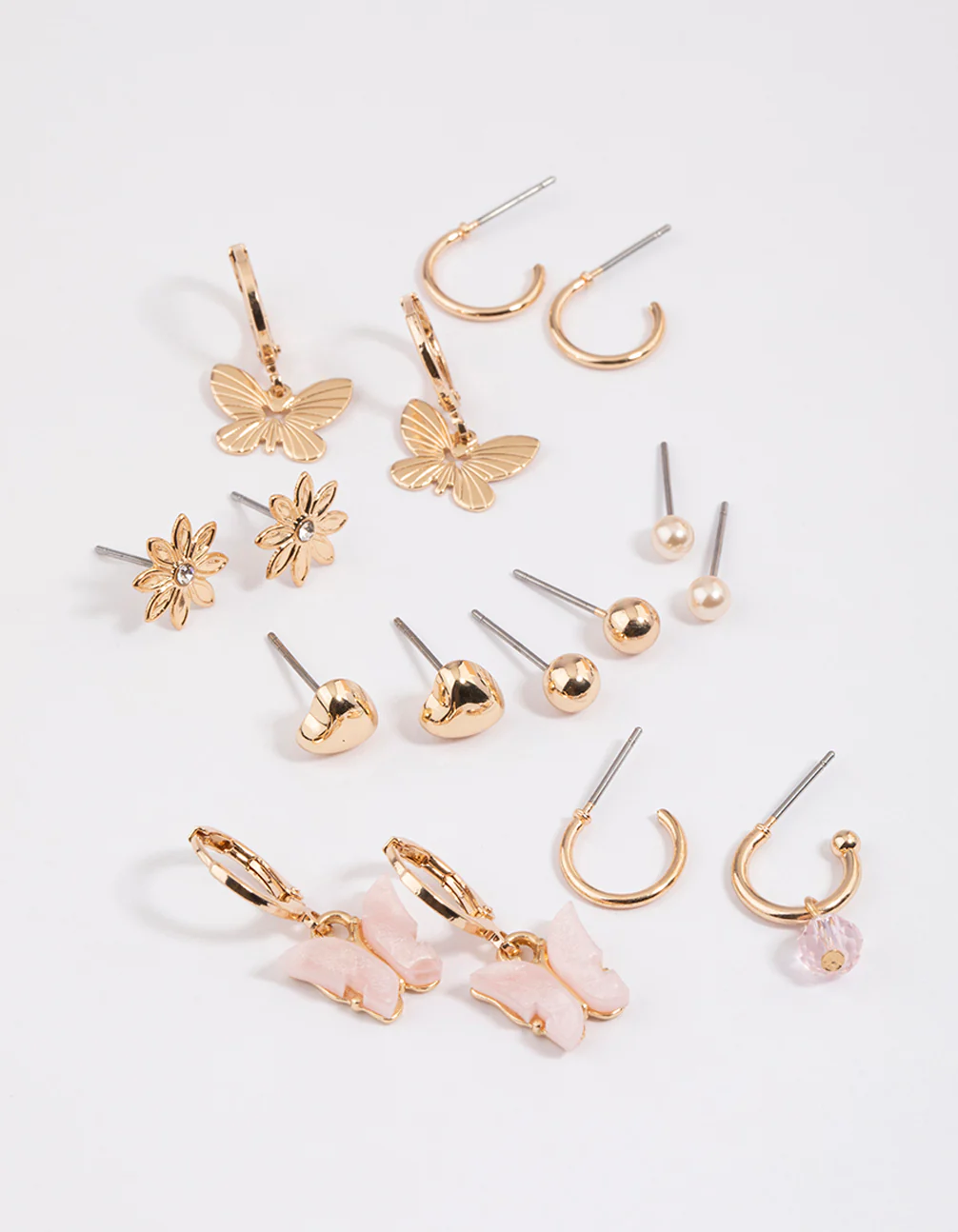 Gold Butterfly Motif Stud & Hoop Earrings 8-Pack - Image 2
