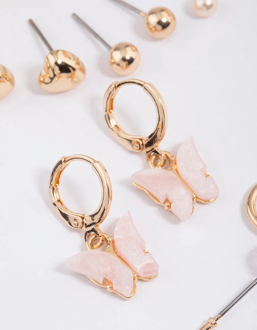 Gold Butterfly Motif Stud & Hoop Earrings 8-Pack - Image 3